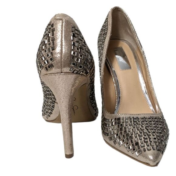JESSICA SIMPSON Claya Metallic Faux Suede Rhinestone Heels 6 - Picture 4 of 12